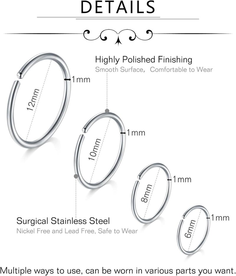FECTAS Nose Rings Hoops Surgical Steel 18g 20g Gauge 6mm 8mm 10mm 12mm Earrings Piercing Hoops Jewelry for Men Women - Image 1